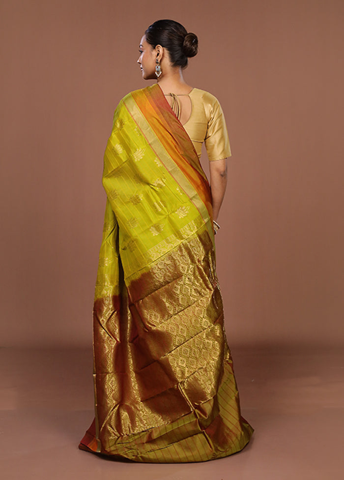 Green Handloom Kanjivaram Pure Silk Saree With Blouse Piece