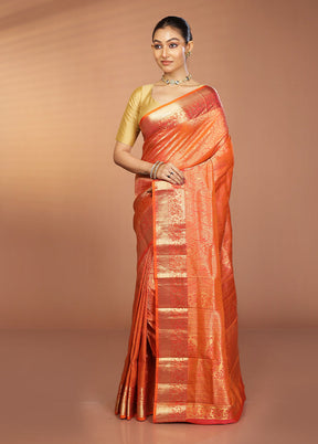 Rust Handloom Kanjivaram Pure Silk Saree With Blouse Piece