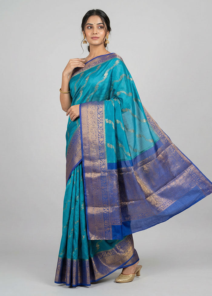 Blue Tussar Silk Saree With Blouse Piece