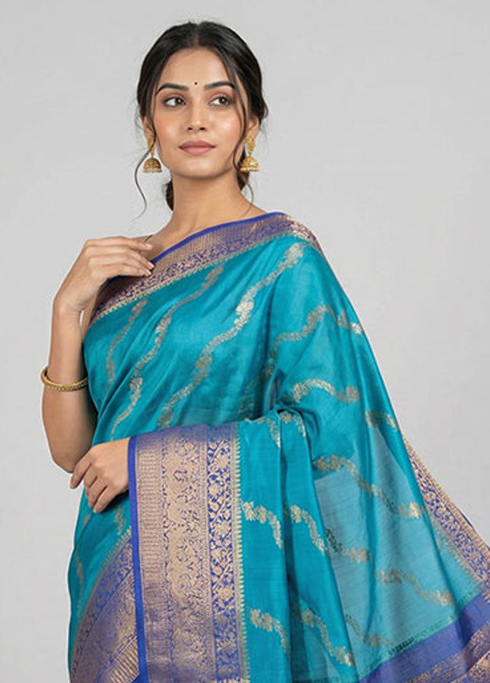 Blue Tussar Silk Saree With Blouse Piece
