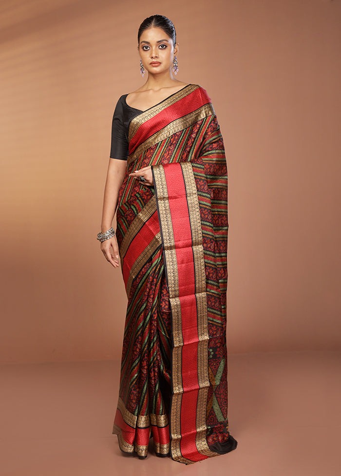 Black Printed Pure Silk Saree Without Blouse Piece