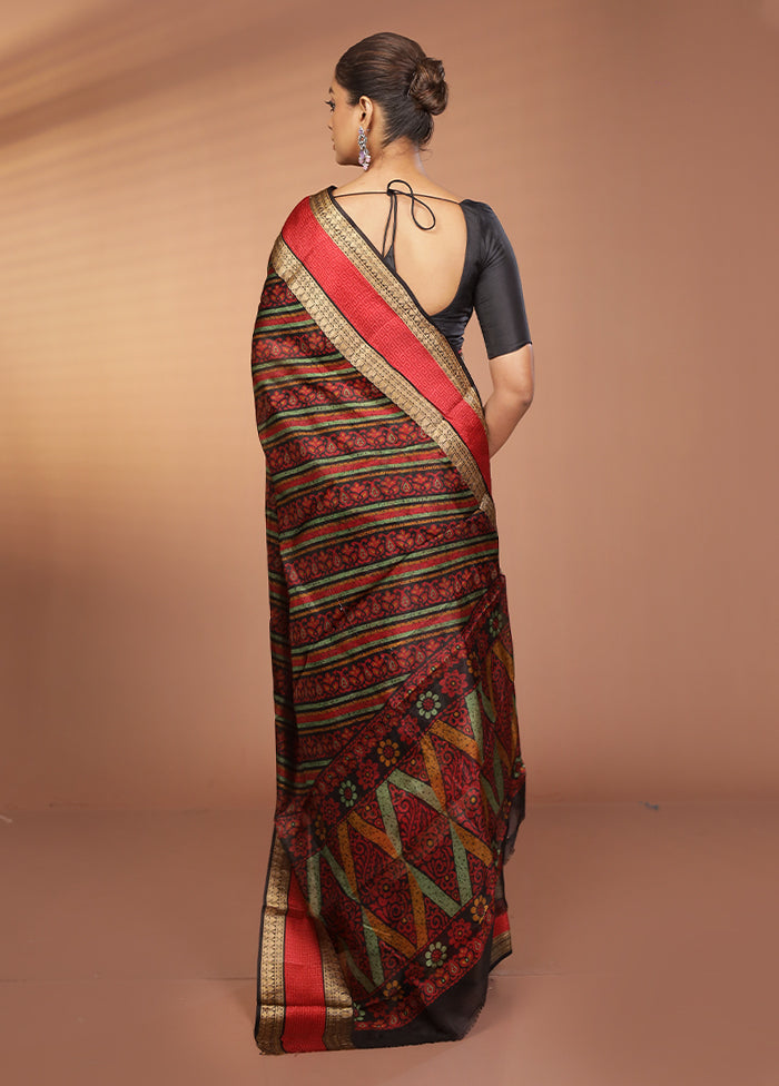 Black Printed Pure Silk Saree Without Blouse Piece
