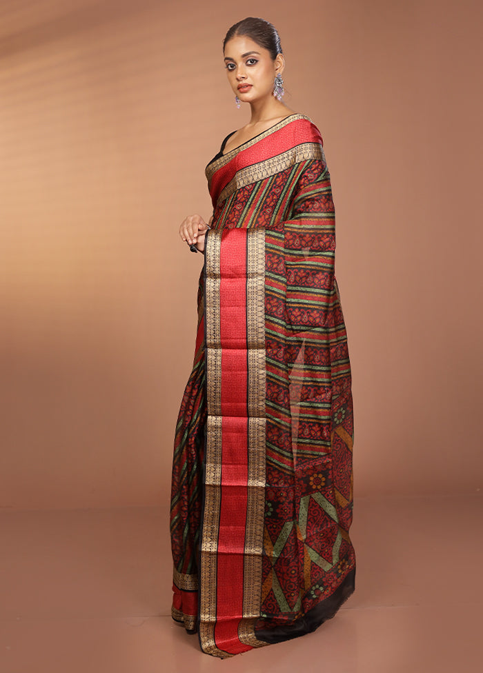 Black Printed Pure Silk Saree Without Blouse Piece
