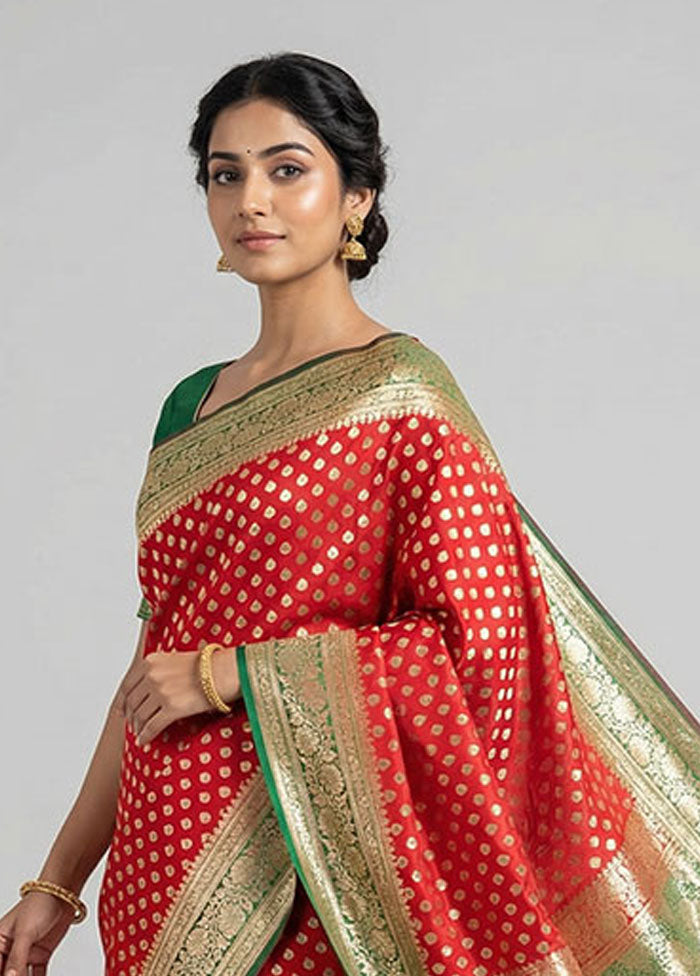 Red Banarasi Silk Saree With Blouse Piece