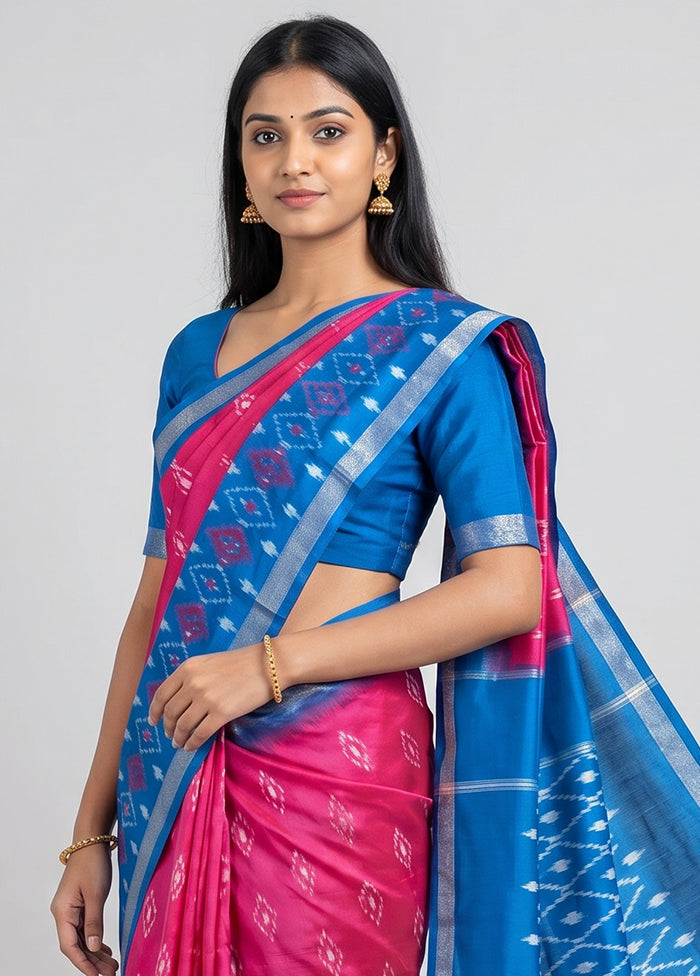 Pink Handloom Ikkat Pure Silk Saree With Blouse Piece