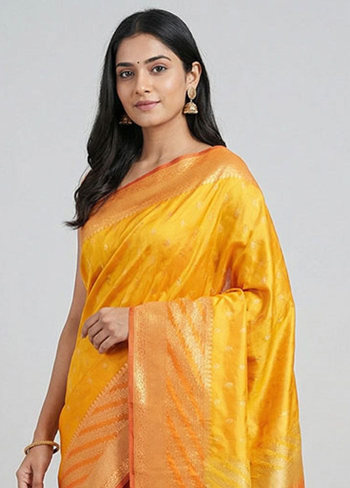 Yellow Handloom Katan Pure Silk Saree With Blouse Piece
