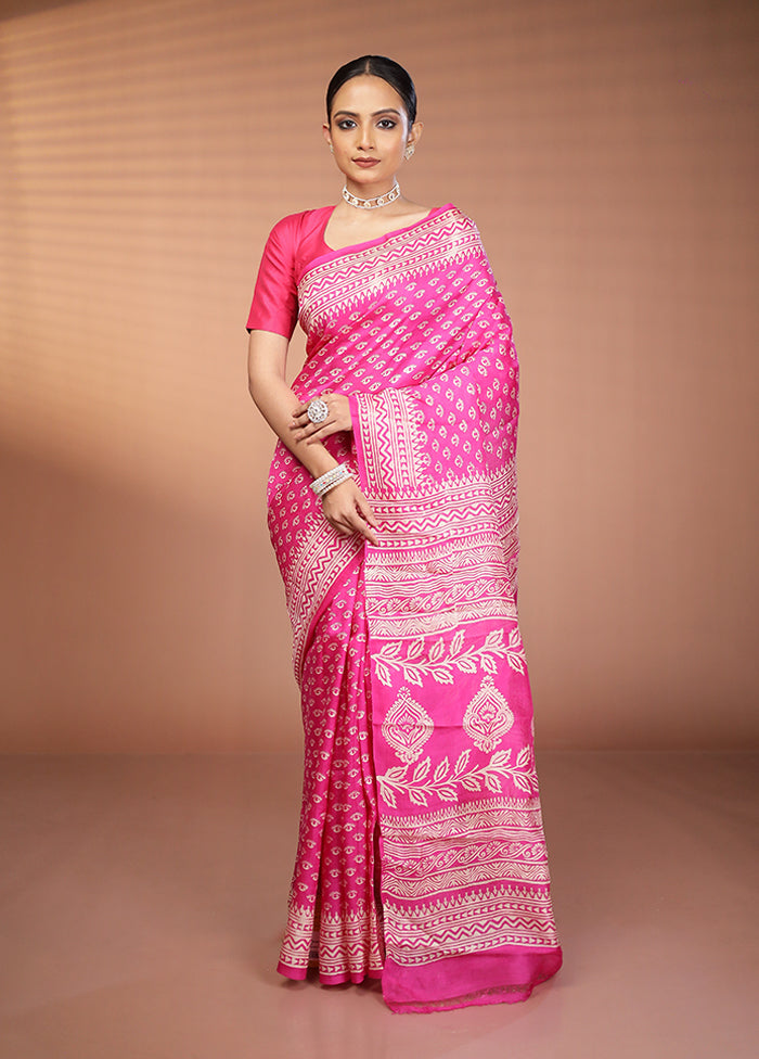 Pink Printed Pure Silk Saree Without Blouse Piece