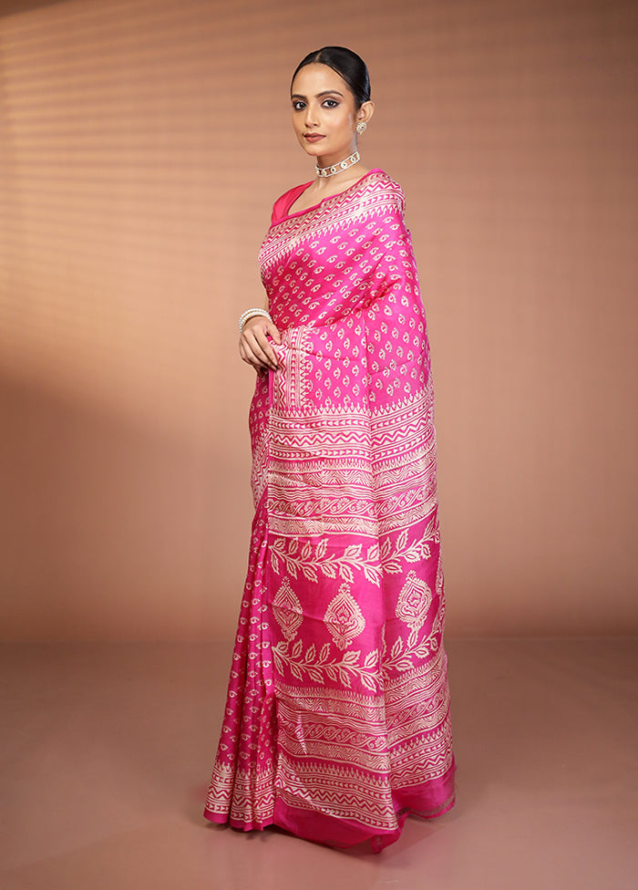 Pink Printed Pure Silk Saree Without Blouse Piece