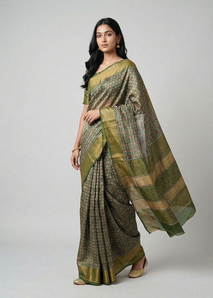 Green Handloom Tussar Silk Saree With Blouse Piece
