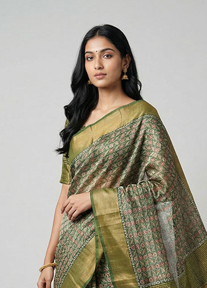 Green Handloom Tussar Silk Saree With Blouse Piece