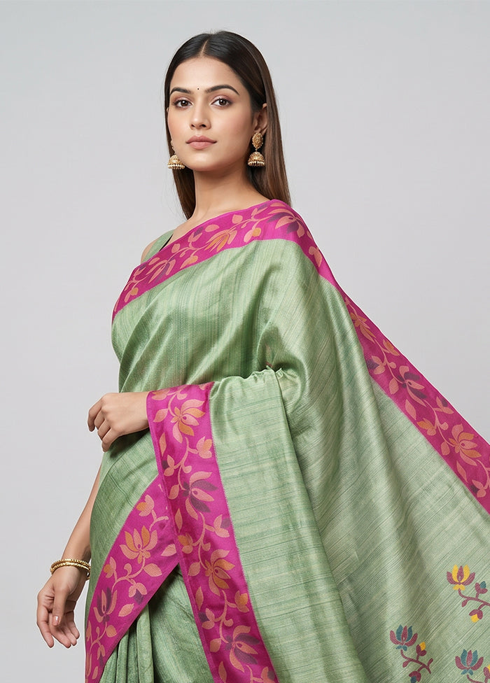 Green Handloom Matka Pure Silk Saree With Blouse Piece