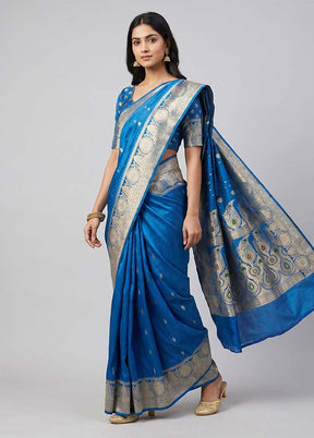 Blue Handloom Banarasi Pure Silk Saree With Blouse Piece