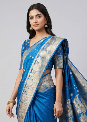 Blue Handloom Banarasi Pure Silk Saree With Blouse Piece