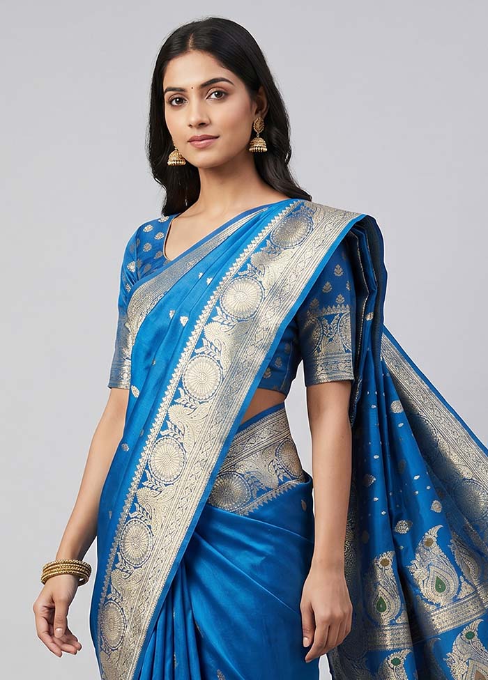 Blue Handloom Banarasi Pure Silk Saree With Blouse Piece