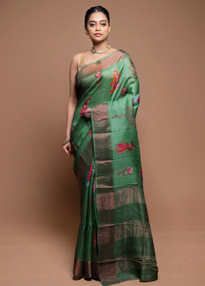 Green Handloom Tussar Pure Silk Saree With Blouse Piece