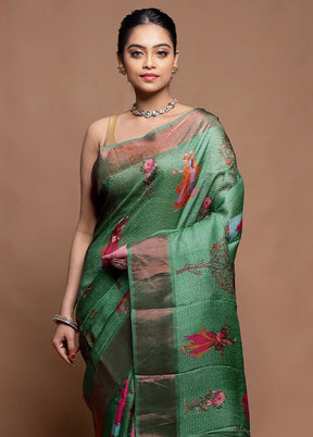 Green Handloom Tussar Pure Silk Saree With Blouse Piece