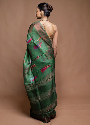 Green Handloom Tussar Pure Silk Saree With Blouse Piece