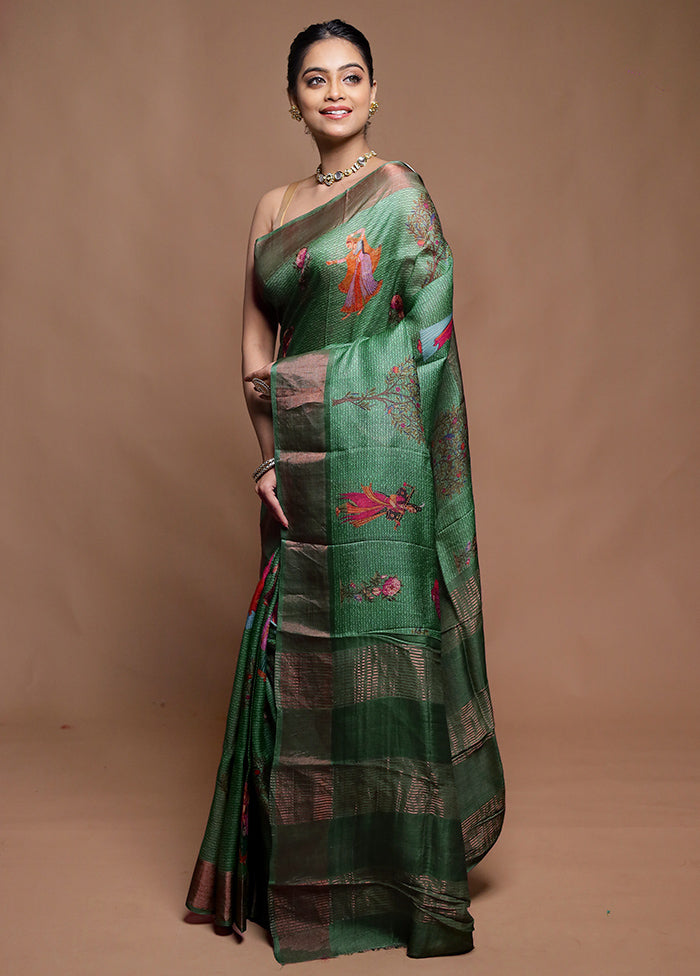 Green Handloom Tussar Pure Silk Saree With Blouse Piece