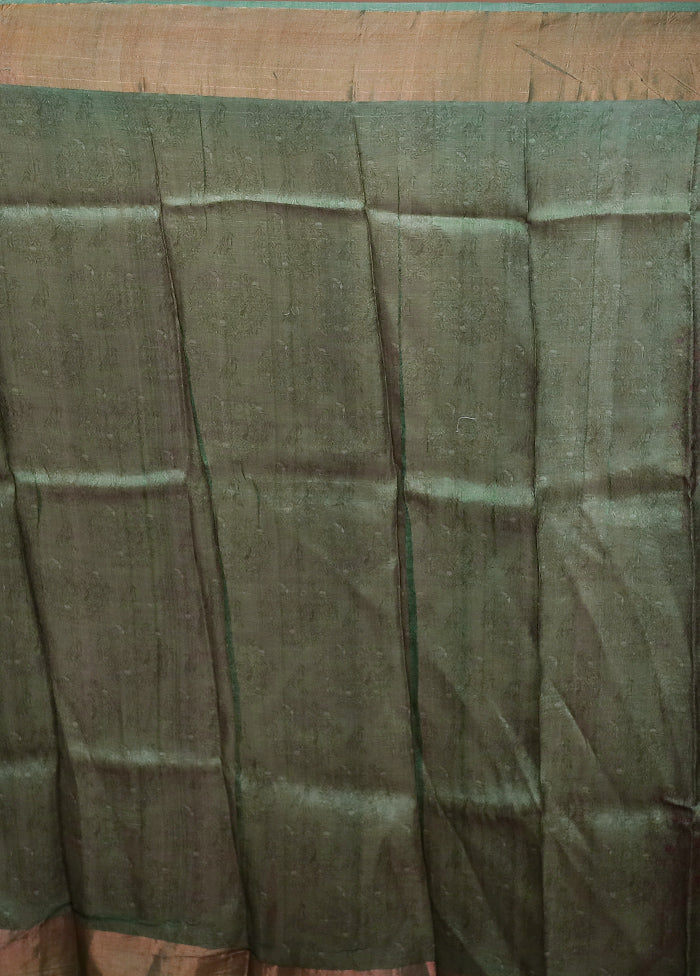 Green Handloom Tussar Pure Silk Saree With Blouse Piece
