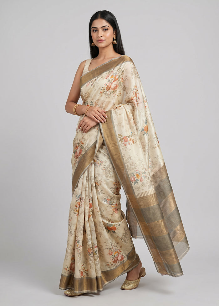 Cream Handloom Tussar Pure Silk Saree With Blouse Piece