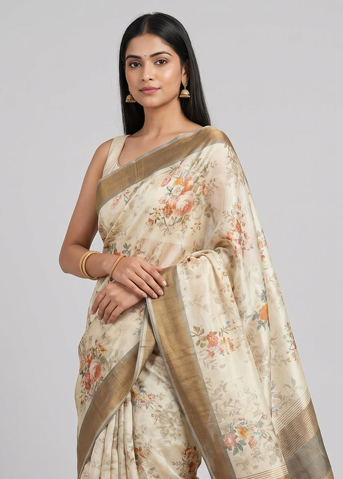 Cream Handloom Tussar Pure Silk Saree With Blouse Piece