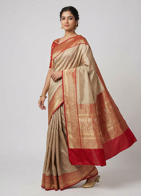 Cream Handloom Katan Pure Silk Saree With Blouse Piece