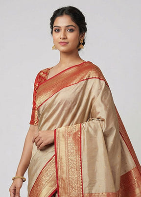 Cream Handloom Katan Pure Silk Saree With Blouse Piece