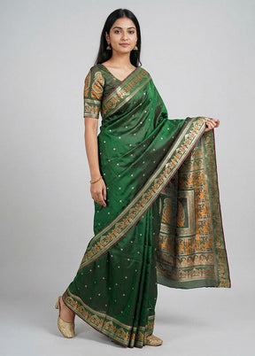 Green Handloom Baluchari Pure Silk Saree With Blouse Piece