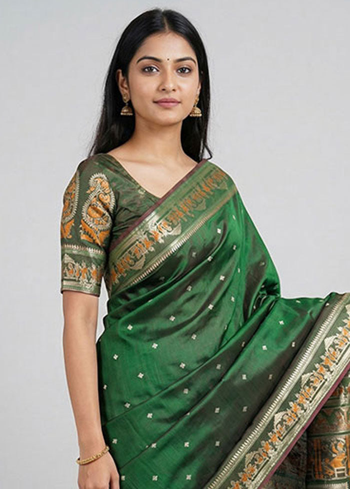 Green Handloom Baluchari Pure Silk Saree With Blouse Piece
