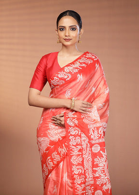 Red Printed Pure Silk Saree Without Blouse Piece