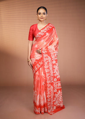 Red Printed Pure Silk Saree Without Blouse Piece
