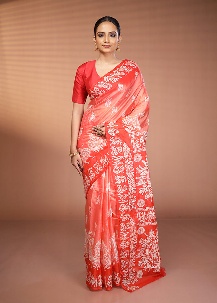 Red Printed Pure Silk Saree Without Blouse Piece