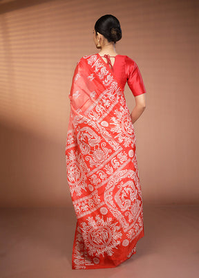 Red Printed Pure Silk Saree Without Blouse Piece