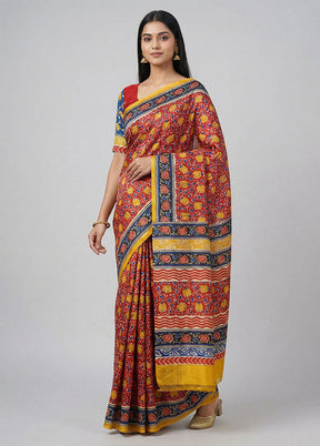 Red Printed Silk Saree Without Blouse Piece
