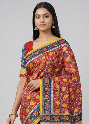 Red Printed Silk Saree Without Blouse Piece
