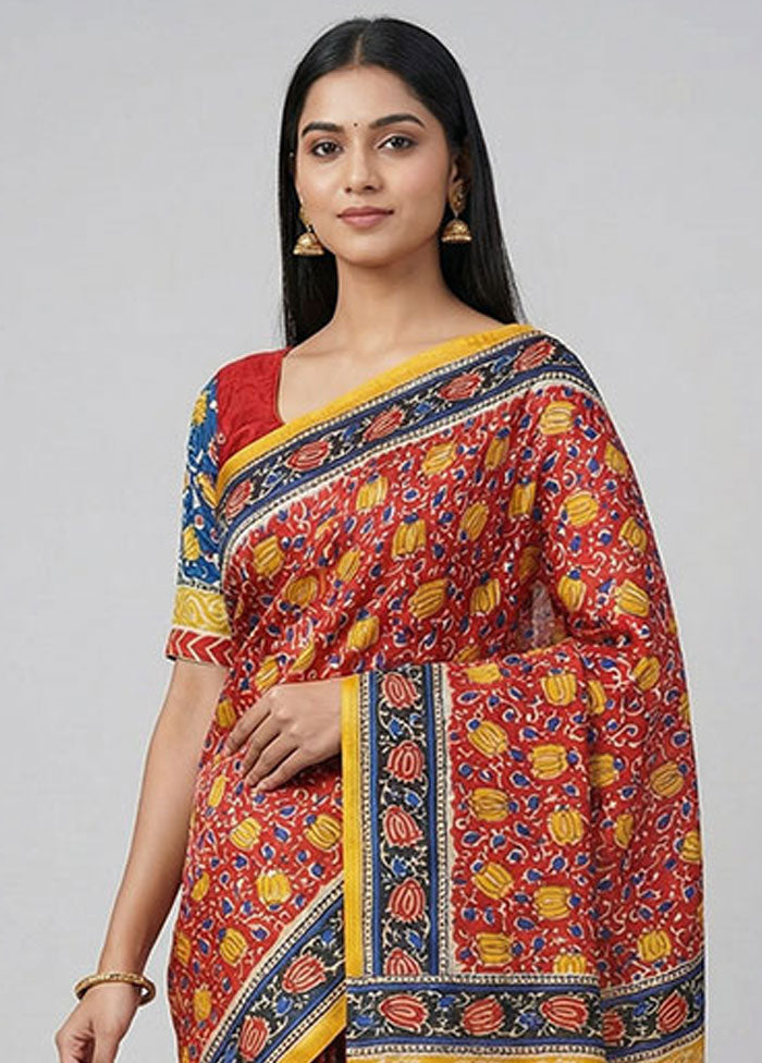 Red Printed Silk Saree Without Blouse Piece