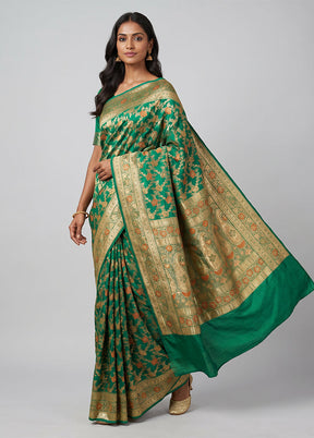 Green Handloom Banarasi Pure Silk Saree With Blouse Piece
