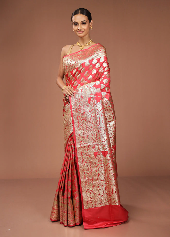 Pink Banarasi Silk Saree With Blouse Piece