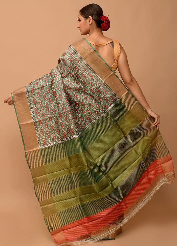 Green Tussar Silk Saree With Blouse Piece