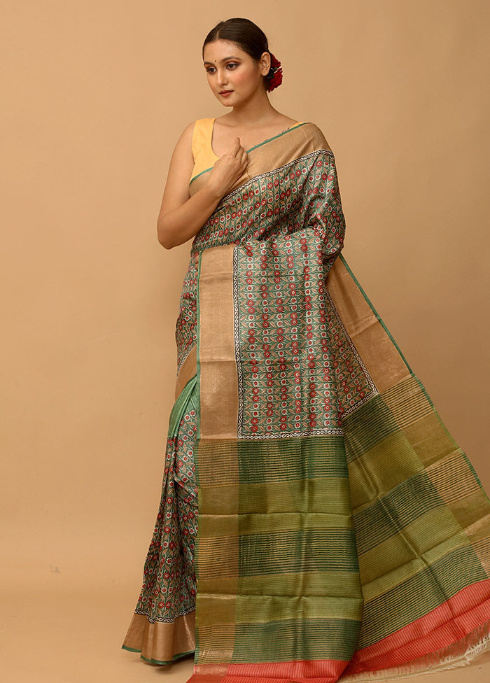Green Tussar Silk Saree With Blouse Piece