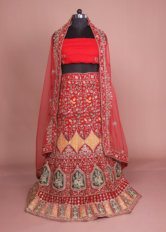 Red Blended Silk Dupatta Lehenga Set