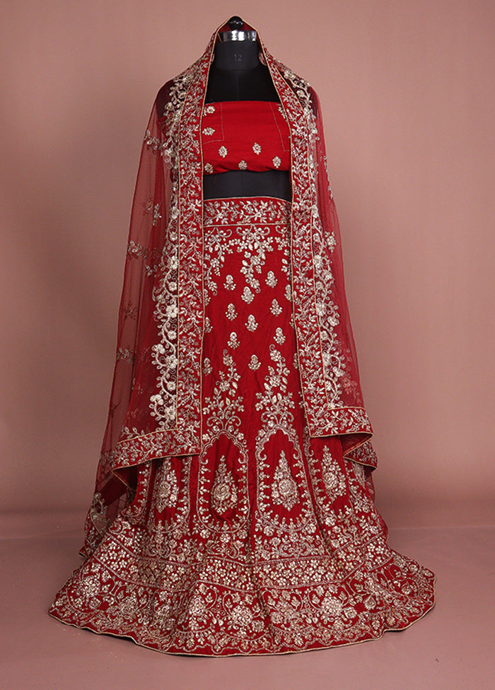 Red Blended Silk Dupatta Lehenga Set
