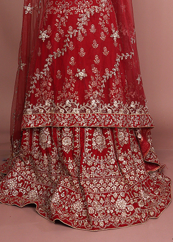 Red Blended Silk Dupatta Lehenga Set