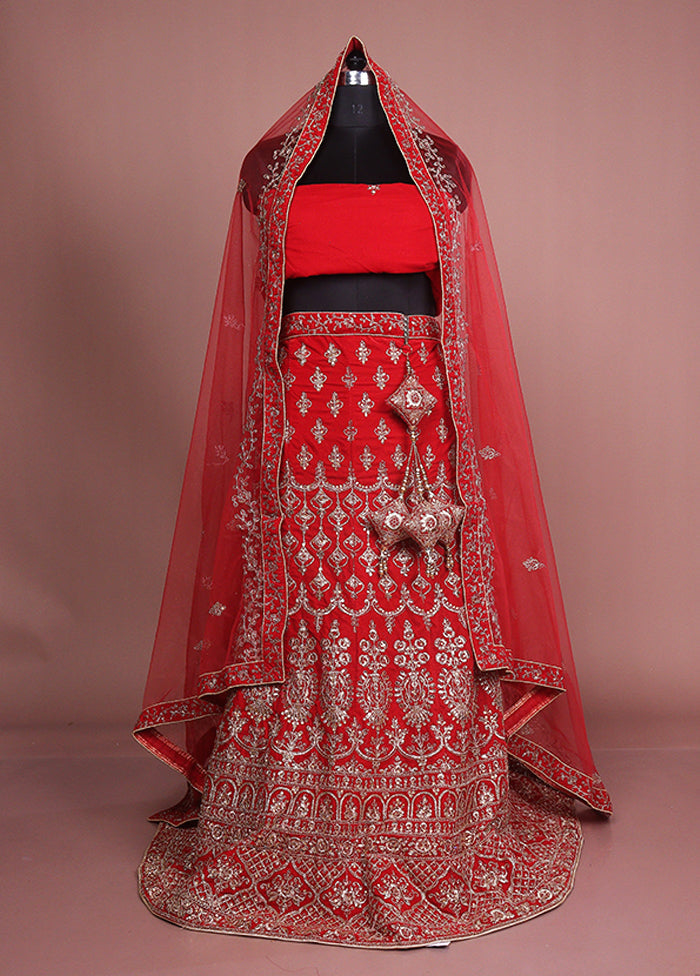 Red Blended Silk Dupatta Lehenga Set