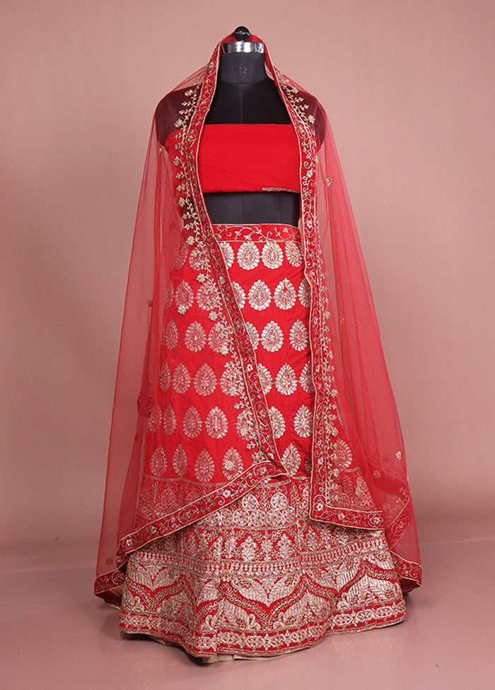 Red Blended Silk Dupatta Lehenga Set