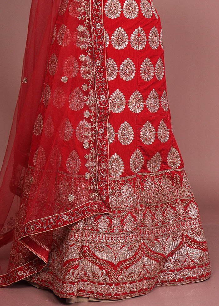 Red Blended Silk Dupatta Lehenga Set