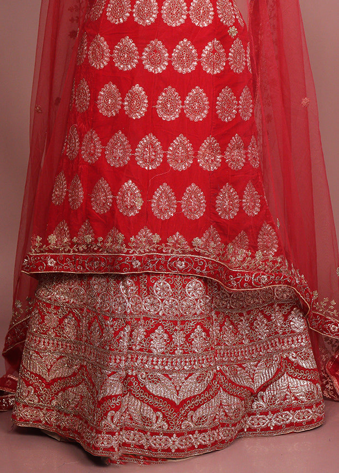 Red Blended Silk Dupatta Lehenga Set