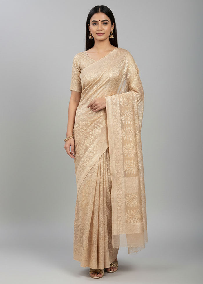 Cream Handloom Kora Pure Silk Saree With Blouse Piece