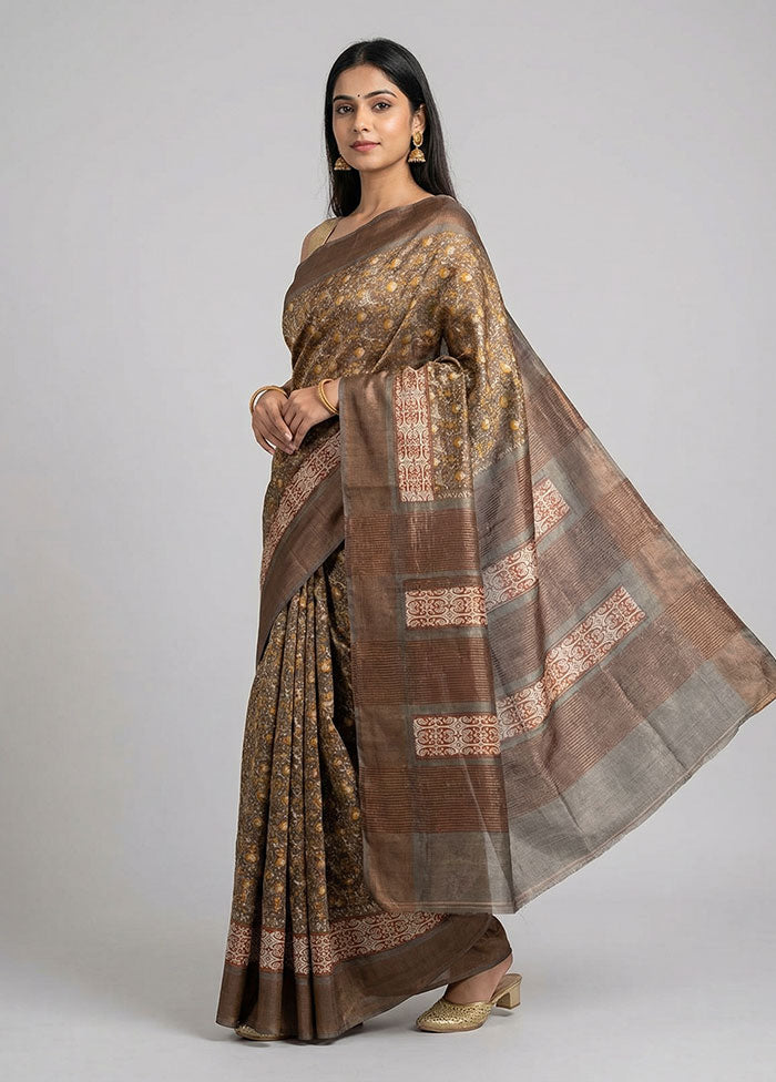 Green Tussar Silk Saree With Blouse Piece