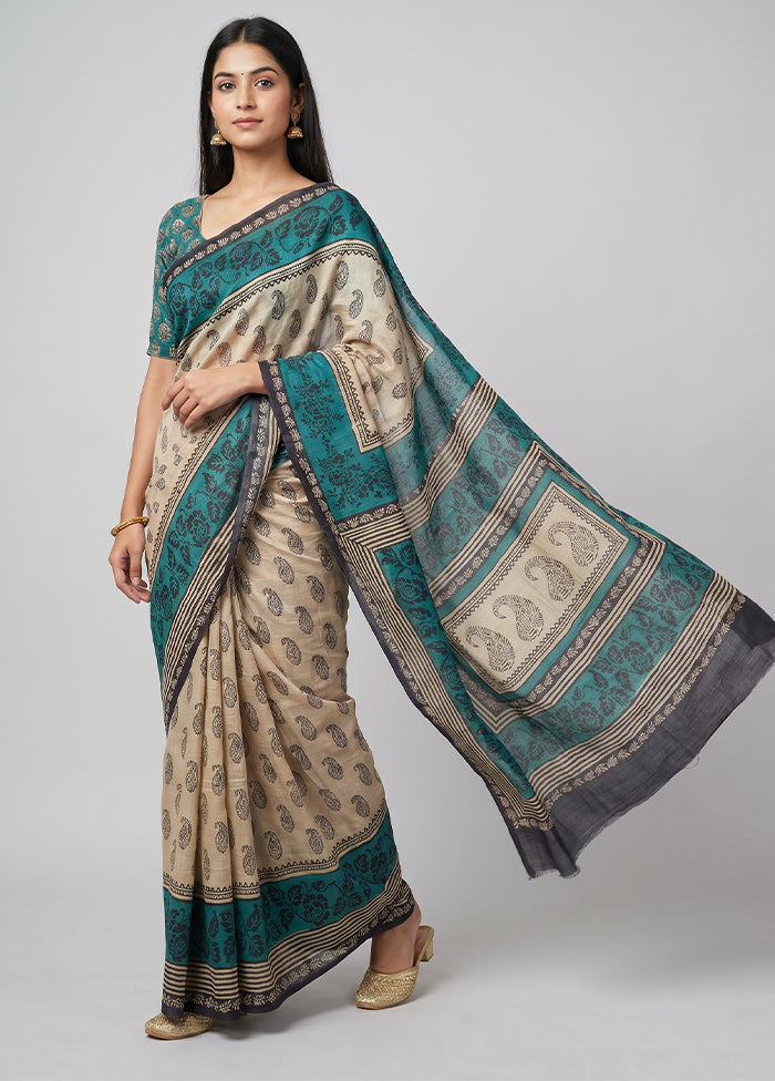 Cream Handloom Tussar Pure Silk Saree With Blouse Piece